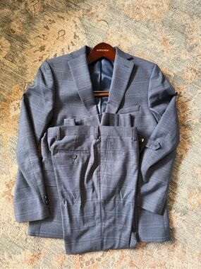 Andrew Marc Kids' Skinny Fit Navy Plaid Suit